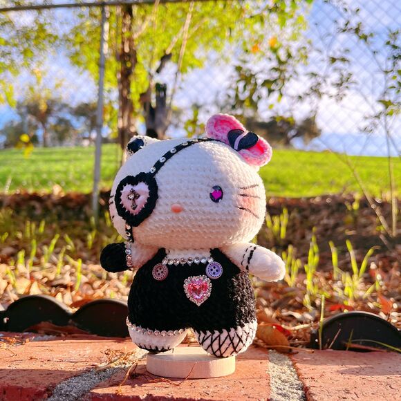 Hello Kitty Black Pink Style Crochet Doll | Handmade Gothic Hello Kitty - Picture 5 of 11